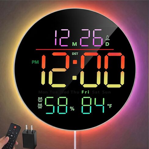 10" Digital Wall Clock with RGB Color for Classroom, Bedroom | Large Display & Night Light & Remote Control & Temperature & Humidity & Auto Brightness & Volume Control & Adapter Included in Saudi Arabia