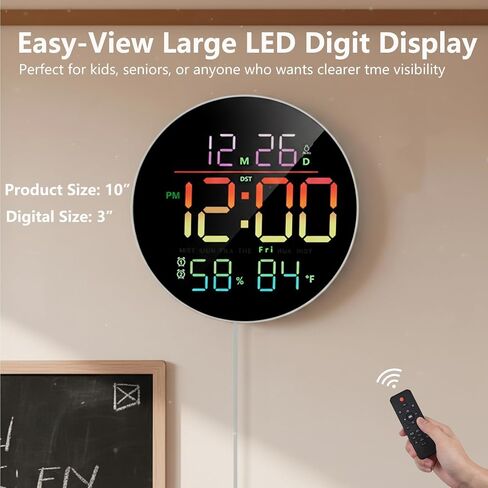 10" Digital Wall Clock with RGB Color for Classroom, Bedroom | Large Display & Night Light & Remote Control & Temperature & Humidity & Auto Brightness & Volume Control & Adapter Included in Saudi Arabia