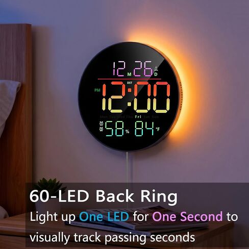 10" Digital Wall Clock with RGB Color for Classroom, Bedroom | Large Display & Night Light & Remote Control & Temperature & Humidity & Auto Brightness & Volume Control & Adapter Included in Saudi Arabia