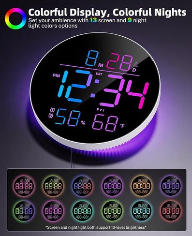10" Digital Wall Clock with RGB Color for Classroom, Bedroom | Large Display & Night Light & Remote Control & Temperature & Humidity & Auto Brightness & Volume Control & Adapter Included in Saudi Arabia