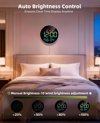 10" Digital Wall Clock with RGB Color for Classroom, Bedroom | Large Display & Night Light & Remote Control & Temperature & Humidity & Auto Brightness & Volume Control & Adapter Included in Saudi Arabia
