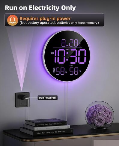 10" Digital Wall Clock with RGB Color for Classroom, Bedroom | Large Display & Night Light & Remote Control & Temperature & Humidity & Auto Brightness & Volume Control & Adapter Included in Saudi Arabia
