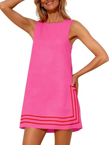 Womens Summer Boho A-Line Mini Dress Sleeveless Sundress Color Block Beach Coverups in Saudi Arabia