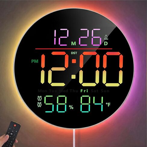 10" Digital Wall Clock with RGB Color for Classroom, Bedroom | Large Display & Night Light & Remote Control & Temperature & Humidity & Auto Brightness & Volume Control & Adapter Included in Saudi Arabia