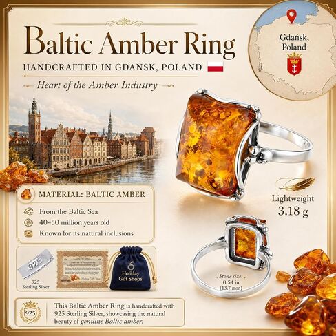 Holiday Gift Shops Sterling Silver and Baltic Honey Amber Rectangle Ring Makell in Saudi Arabia