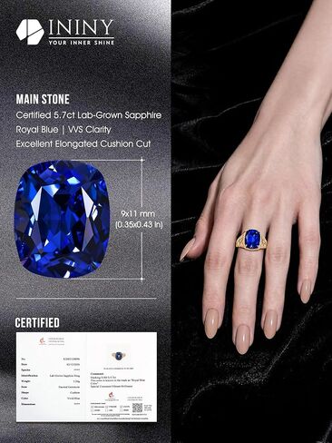 Certified 5.7CT Lab Grown Sapphire Ring, Cushion Cut, 14K Gold Vermeil in Saudi Arabia
