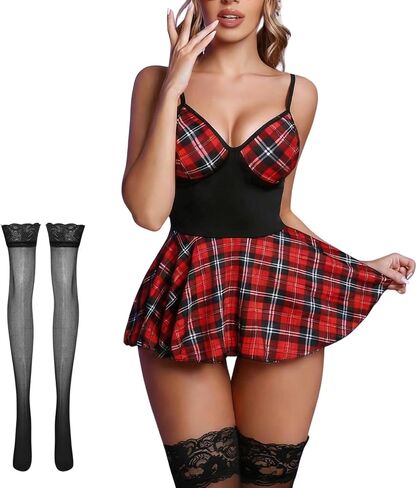 ROSVAJFY Women's Lingerie Set Sexy Schoolgirl Cosplay Costume Halloween Student Roleplay Outfit Babydoll with Stockings in Saudi Arabia