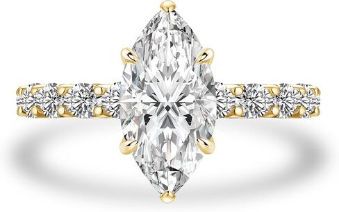 14K Gold-Plated 925 Sterling Silver 3 Carat Marquise Cut Moissanite Engagement Ring,D-Color Elongated VVS1 Gemstone with Half Eternity Pavé Moissanites Band,Affordable Luxury Everyday Jewelry in Saudi Arabia