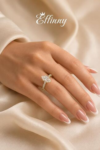 14K Gold-Plated 925 Sterling Silver 3 Carat Marquise Cut Moissanite Engagement Ring,D-Color Elongated VVS1 Gemstone with Half Eternity Pavé Moissanites Band,Affordable Luxury Everyday Jewelry in Saudi Arabia
