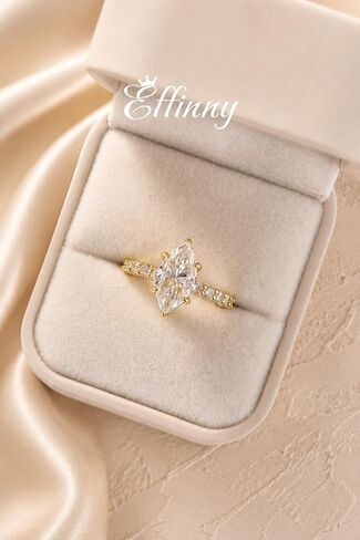 14K Gold-Plated 925 Sterling Silver 3 Carat Marquise Cut Moissanite Engagement Ring,D-Color Elongated VVS1 Gemstone with Half Eternity Pavé Moissanites Band,Affordable Luxury Everyday Jewelry in Saudi Arabia