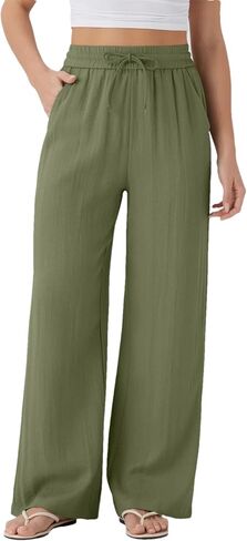 Womens Summer Linen Pants Drawstring Elastic Waist Wide Leg Palazzo Flowy Pants Lounge Beach Vacation Trousers in Saudi Arabia