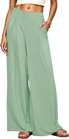 Womens Flowy Wide Leg Pants Ribbed High Waisted Pleated Stretchy Vacation Palazzo Trouser with Pockets in Saudi Arabia