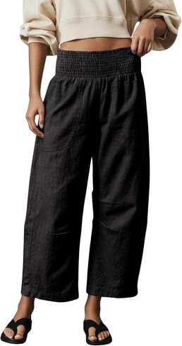 Womens Linen Cotton Smocked Barrel Pants Wide Leg Elastic Wide Waist Cropped Pants Pull-On Trousers with Pockets in Saudi Arabia
