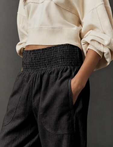 Womens Linen Cotton Smocked Barrel Pants Wide Leg Elastic Wide Waist Cropped Pants Pull-On Trousers with Pockets in Saudi Arabia