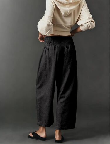 Womens Linen Cotton Smocked Barrel Pants Wide Leg Elastic Wide Waist Cropped Pants Pull-On Trousers with Pockets in Saudi Arabia
