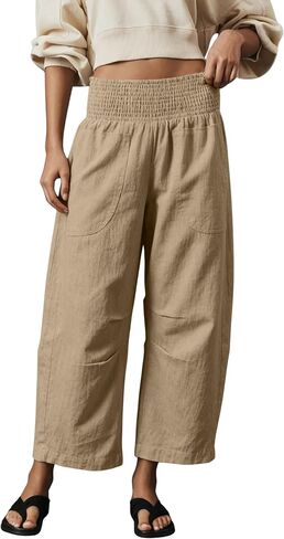 Womens Linen Cotton Smocked Barrel Pants Wide Leg Elastic Wide Waist Cropped Pants Pull-On Trousers with Pockets in Saudi Arabia