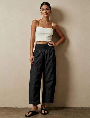 Womens Linen Cotton Smocked Barrel Pants Wide Leg Elastic Wide Waist Cropped Pants Pull-On Trousers with Pockets in Saudi Arabia