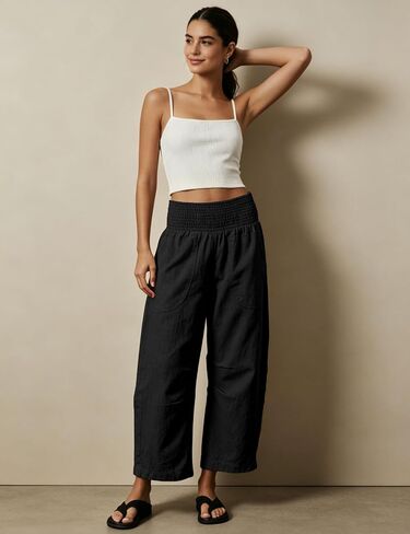Womens Linen Cotton Smocked Barrel Pants Wide Leg Elastic Wide Waist Cropped Pants Pull-On Trousers with Pockets in Saudi Arabia