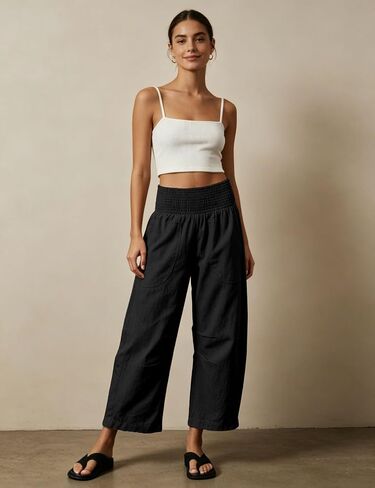 Womens Linen Cotton Smocked Barrel Pants Wide Leg Elastic Wide Waist Cropped Pants Pull-On Trousers with Pockets in Saudi Arabia