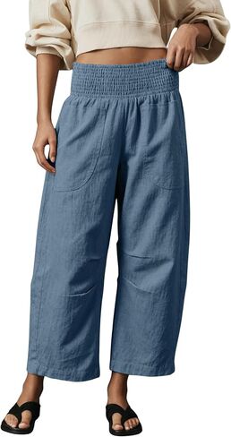Womens Linen Cotton Smocked Barrel Pants Wide Leg Elastic Wide Waist Cropped Pants Pull-On Trousers with Pockets in Saudi Arabia