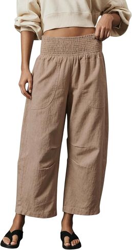 Womens Linen Cotton Smocked Barrel Pants Wide Leg Elastic Wide Waist Cropped Pants Pull-On Trousers with Pockets in Saudi Arabia