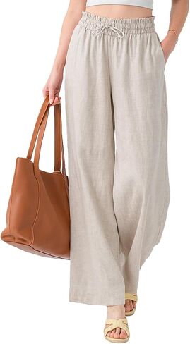 Simple&Opulence Women's 100% Linen Palazzo Pants Drawstring Wide Leg Trousers with Pockets in Saudi Arabia