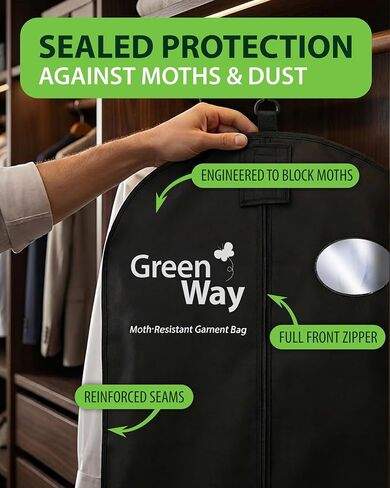 GreenWay Moth-Proof Garment Bag, Hanging Clothes Storage Cover for Suits, Dresses, Coats, Adjustable Length Closet Protector with Zipper in Kuwait