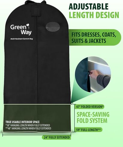 GreenWay Moth-Proof Garment Bag, Hanging Clothes Storage Cover for Suits, Dresses, Coats, Adjustable Length Closet Protector with Zipper in Kuwait