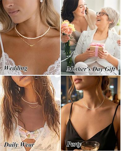 Pearl Necklace for Women, Dainty Layered 18K Gold Plated Bow Bean Beaded Pendant Pearl Choker Necklaces Set Trendy Summer Beach Jewelry Mothers Day Gifts for Mom in Saudi Arabia