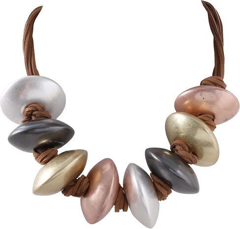 Boho Chunky Beaded Statement Necklace, Multi-Color Metallic Pebble Beads on Leather Cord, Organic Abstract Clavicle Necklace, Bold Tribal Modern Jewelry for Women in Saudi Arabia