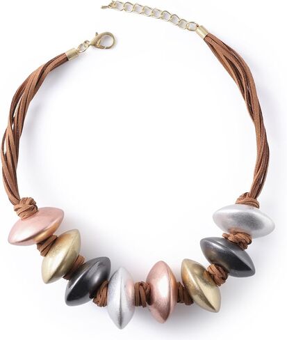 Boho Chunky Beaded Statement Necklace, Multi-Color Metallic Pebble Beads on Leather Cord, Organic Abstract Clavicle Necklace, Bold Tribal Modern Jewelry for Women in Saudi Arabia