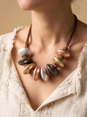 Boho Chunky Beaded Statement Necklace, Multi-Color Metallic Pebble Beads on Leather Cord, Organic Abstract Clavicle Necklace, Bold Tribal Modern Jewelry for Women in Saudi Arabia
