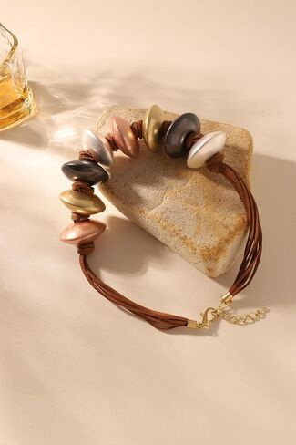 Boho Chunky Beaded Statement Necklace, Multi-Color Metallic Pebble Beads on Leather Cord, Organic Abstract Clavicle Necklace, Bold Tribal Modern Jewelry for Women in Saudi Arabia