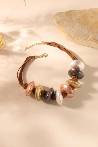 Boho Chunky Beaded Statement Necklace, Multi-Color Metallic Pebble Beads on Leather Cord, Organic Abstract Clavicle Necklace, Bold Tribal Modern Jewelry for Women in Saudi Arabia