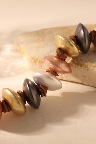 Boho Chunky Beaded Statement Necklace, Multi-Color Metallic Pebble Beads on Leather Cord, Organic Abstract Clavicle Necklace, Bold Tribal Modern Jewelry for Women in Saudi Arabia