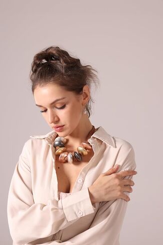 Boho Chunky Beaded Statement Necklace, Multi-Color Metallic Pebble Beads on Leather Cord, Organic Abstract Clavicle Necklace, Bold Tribal Modern Jewelry for Women in Saudi Arabia