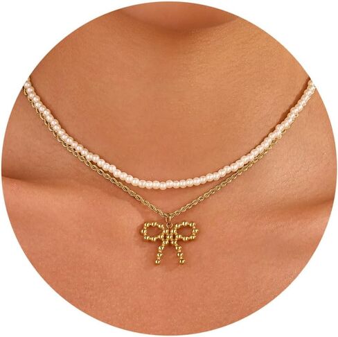 Pearl Necklace for Women, Dainty Layered 18K Gold Plated Bow Bean Beaded Pendant Pearl Choker Necklaces Set Trendy Summer Beach Jewelry Mothers Day Gifts for Mom in Saudi Arabia