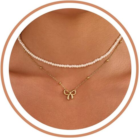 Pearl Necklace for Women, Dainty Layered 18K Gold Plated Bow Bean Beaded Pendant Pearl Choker Necklaces Set Trendy Summer Beach Jewelry Mothers Day Gifts for Mom in Saudi Arabia