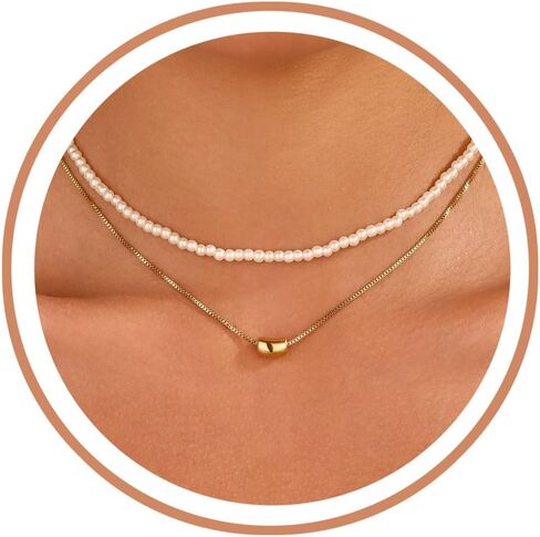 Pearl Necklace for Women, Dainty Layered 18K Gold Plated Bow Bean Beaded Pendant Pearl Choker Necklaces Set Trendy Summer Beach Jewelry Mothers Day Gifts for Mom in Saudi Arabia