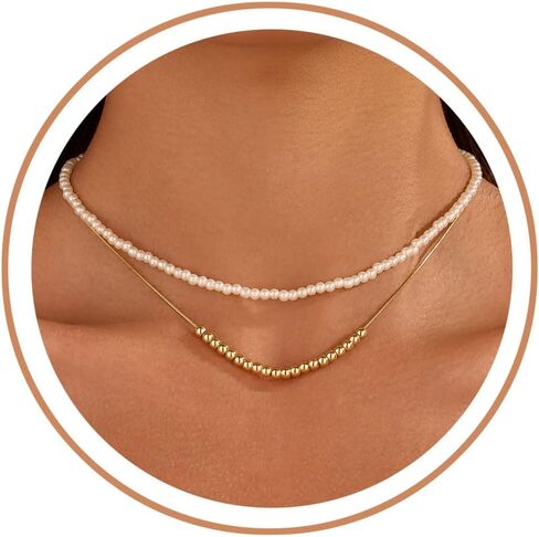 Pearl Necklace for Women, Dainty Layered 18K Gold Plated Bow Bean Beaded Pendant Pearl Choker Necklaces Set Trendy Summer Beach Jewelry Mothers Day Gifts for Mom in Saudi Arabia