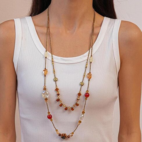 Long Layered Acrylic Beaded Chain Necklace for Women,Vintage Delicate Amber Resin Collar Necklace Boho Y2K Charm Necklaces Jewelry Accessories Gifts in Saudi Arabia