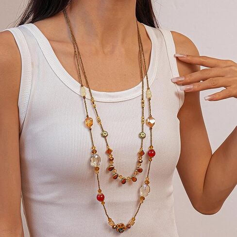 Long Layered Acrylic Beaded Chain Necklace for Women,Vintage Delicate Amber Resin Collar Necklace Boho Y2K Charm Necklaces Jewelry Accessories Gifts in Saudi Arabia