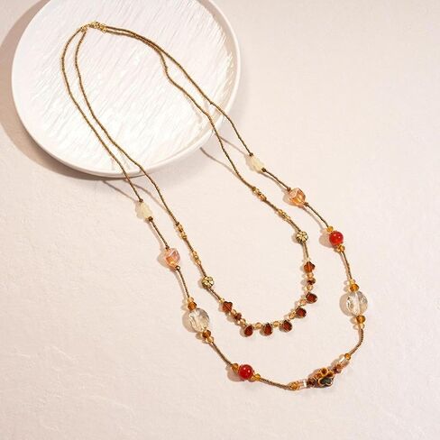 Long Layered Acrylic Beaded Chain Necklace for Women,Vintage Delicate Amber Resin Collar Necklace Boho Y2K Charm Necklaces Jewelry Accessories Gifts in Saudi Arabia