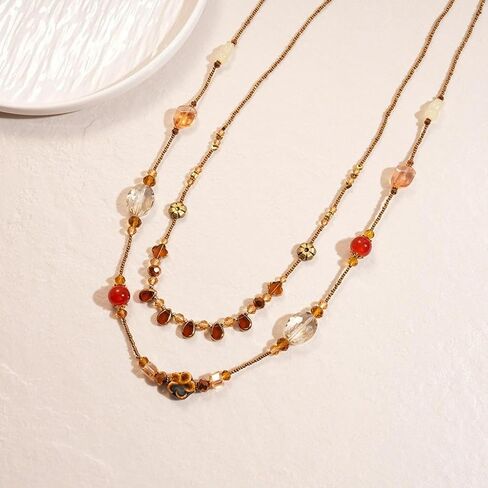 Long Layered Acrylic Beaded Chain Necklace for Women,Vintage Delicate Amber Resin Collar Necklace Boho Y2K Charm Necklaces Jewelry Accessories Gifts in Saudi Arabia