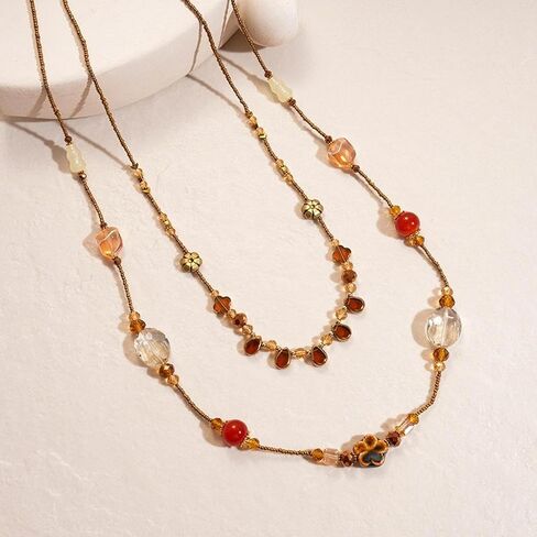 Long Layered Acrylic Beaded Chain Necklace for Women,Vintage Delicate Amber Resin Collar Necklace Boho Y2K Charm Necklaces Jewelry Accessories Gifts in Saudi Arabia