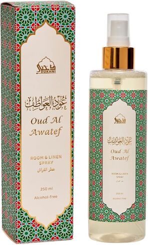 Oud al Awatef Arabic Room Spray by Dukhni | 250ml Oud fragrance Air Freshener, Attar al Faraash for home & prayer mats | Bed linen, Sofa Mist, natural home scent, curtain spray, odour eliminator in Kuwait