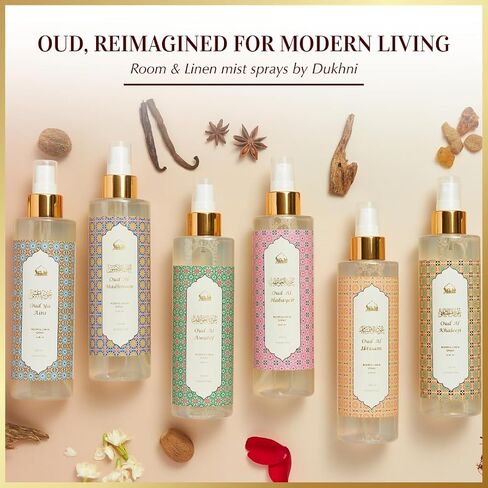 Oud al Awatef Arabic Room Spray by Dukhni | 250ml Oud fragrance Air Freshener, Attar al Faraash for home & prayer mats | Bed linen, Sofa Mist, natural home scent, curtain spray, odour eliminator in Kuwait