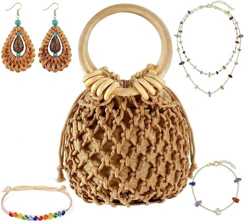 5 PCS Mini Straw Clutch Purse with Rattan Earrings Necklace Bracelet, Boho Woven Bucket Handbag for Women Beach Bag for Vacation Travel in Kuwait