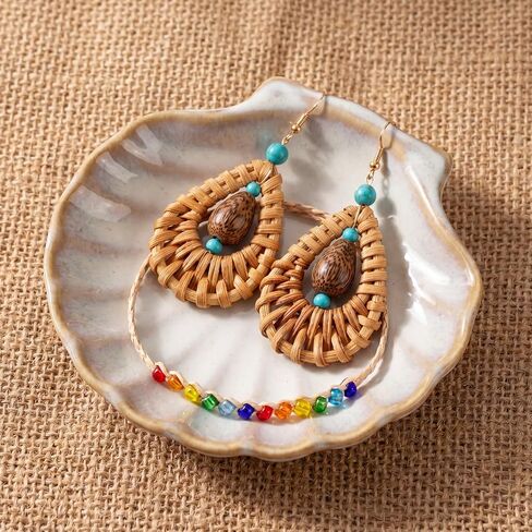 5 PCS Mini Straw Clutch Purse with Rattan Earrings Necklace Bracelet, Boho Woven Bucket Handbag for Women Beach Bag for Vacation Travel in Kuwait