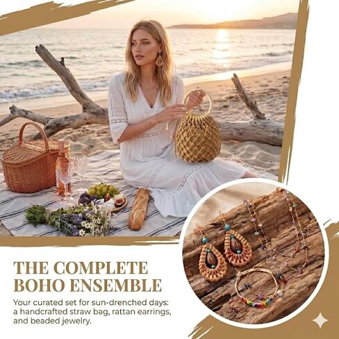 5 PCS Mini Straw Clutch Purse with Rattan Earrings Necklace Bracelet, Boho Woven Bucket Handbag for Women Beach Bag for Vacation Travel in Kuwait